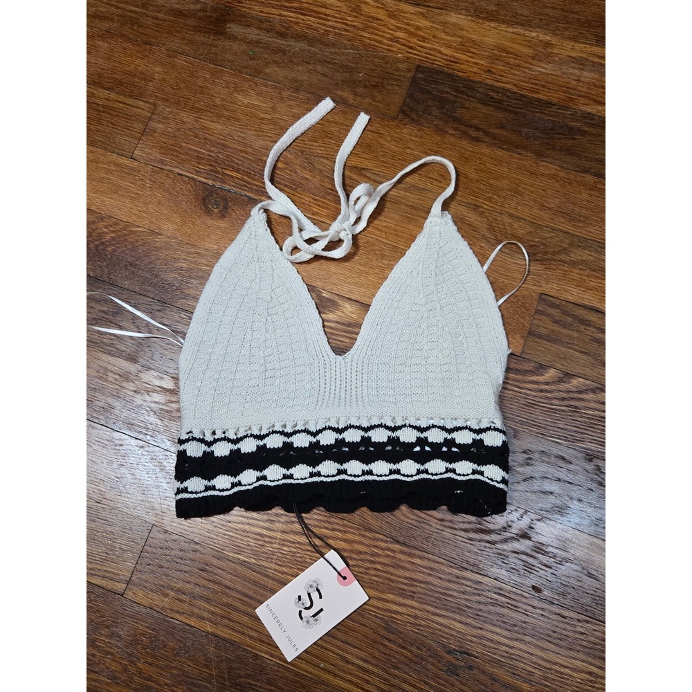 Sincerely Jules Knit Halter Crop Top Cream Black Geometric Scallop Hem XS NWT